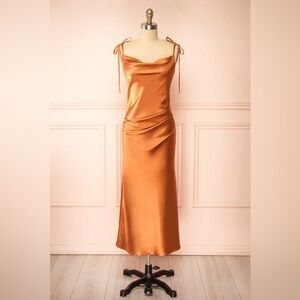 Gorgeous Elyse Satin Cowl Neck Midi Dress in Rust